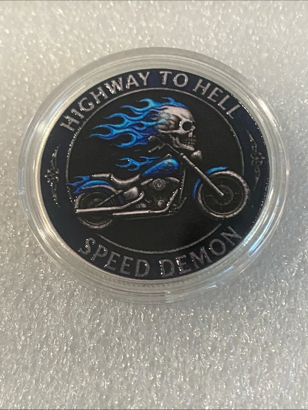 Highway to Hell Speed Demon Skull Motorcycle Coin - Black & Blue